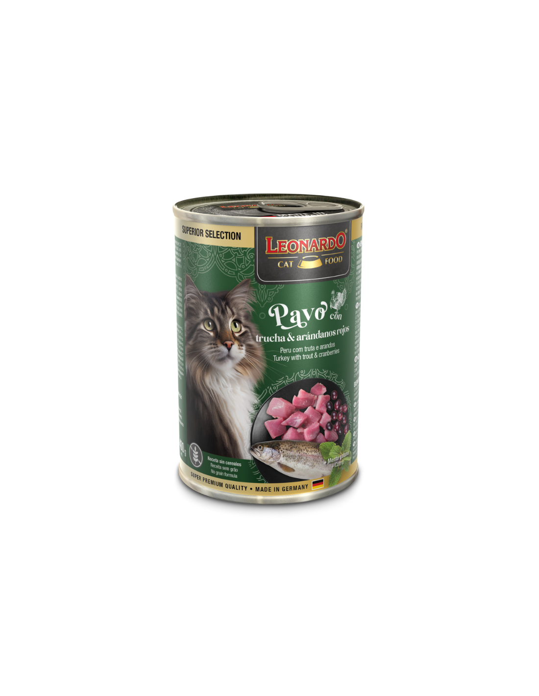 LEONARDO GATO LATA SUPERIOR SELECTION PAVO, TRUCHA Y ARÁNDONOS 400 GR