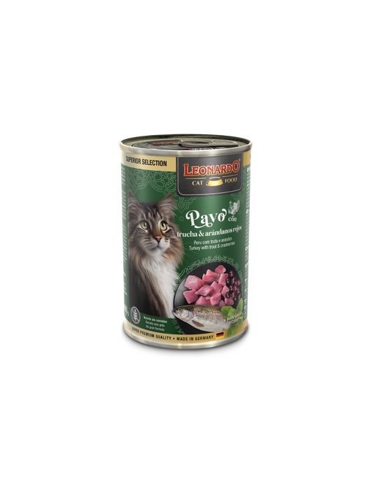 LEONARDO GATO LATA SUPERIOR SELECTION PAVO, TRUCHA Y ARÁNDONOS 400 GR